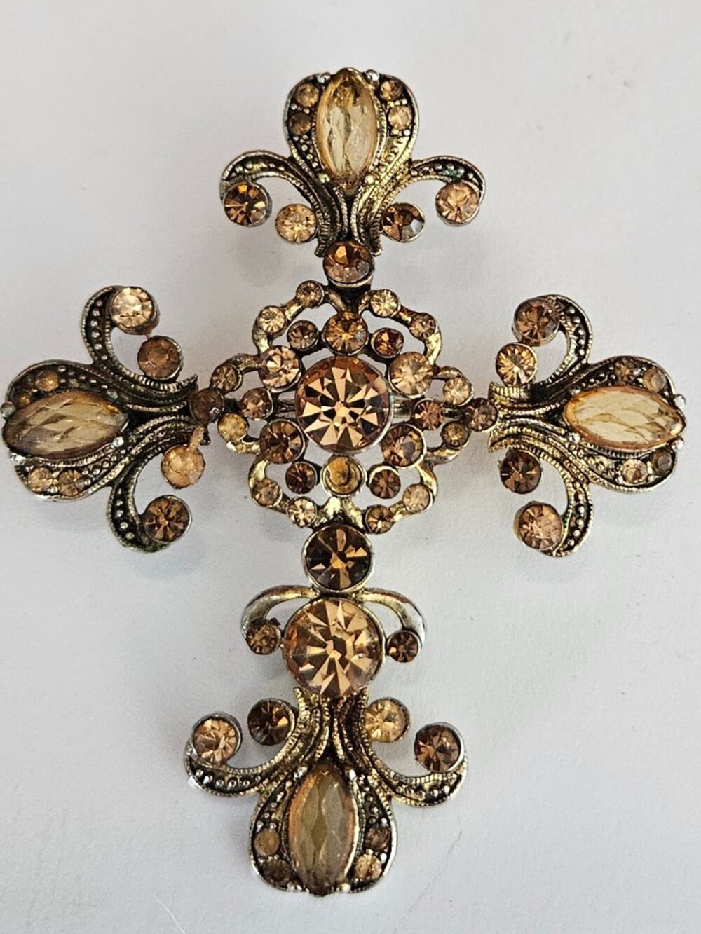 Gothic Bronzetone Cross Pendant/Brooch, Amber Rhinestones